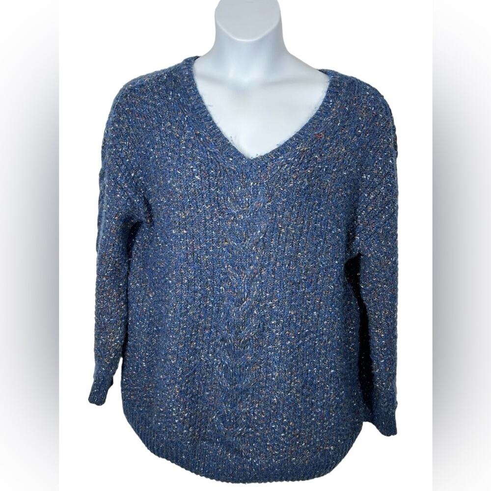 Cable Knit Tunic Sweater Blue Confetti Flecked V Neck Cozy XXL - Picture 3 of 12